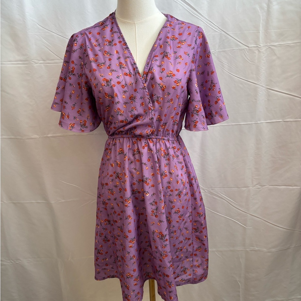 Shein Lavender‎ Floral Wrap Dress Flutter Sleeve V Neck Small